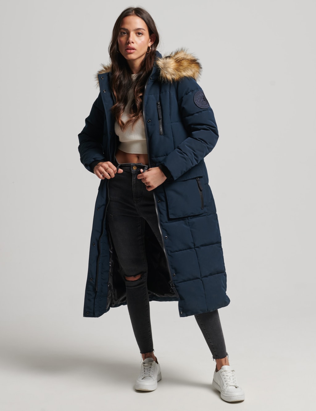 Superdry navy faux fur hood puffer coat outlet