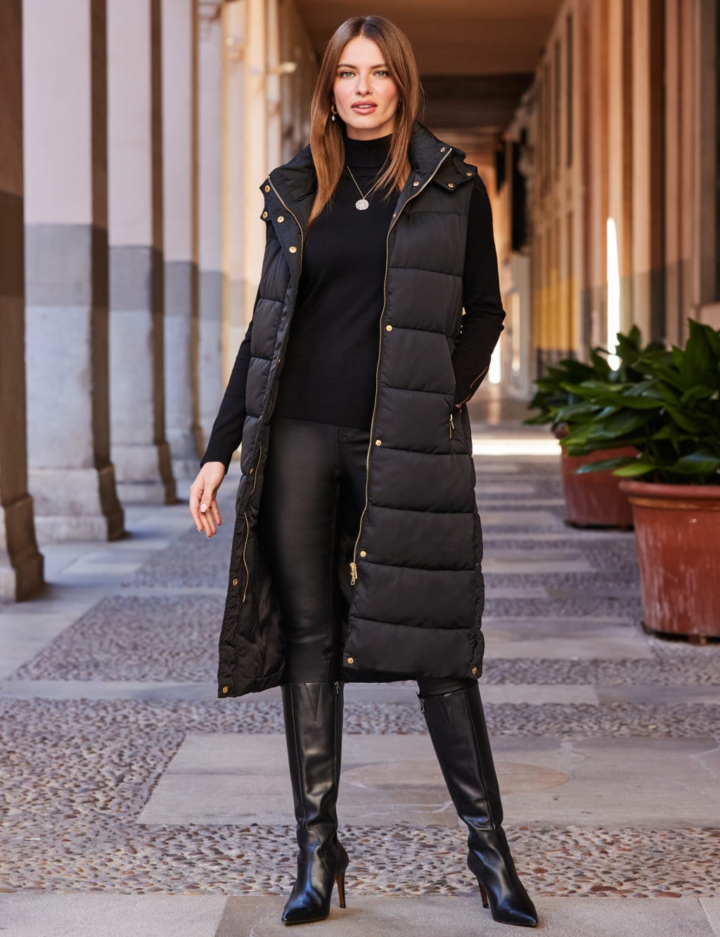 Longline Padded Puffer Gilet With Hood Body Warmer