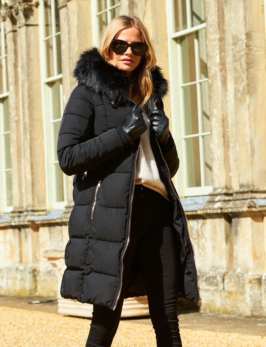 Buy Sosandar Black Faux Fur Leather Puff Sleeve Jacket from the