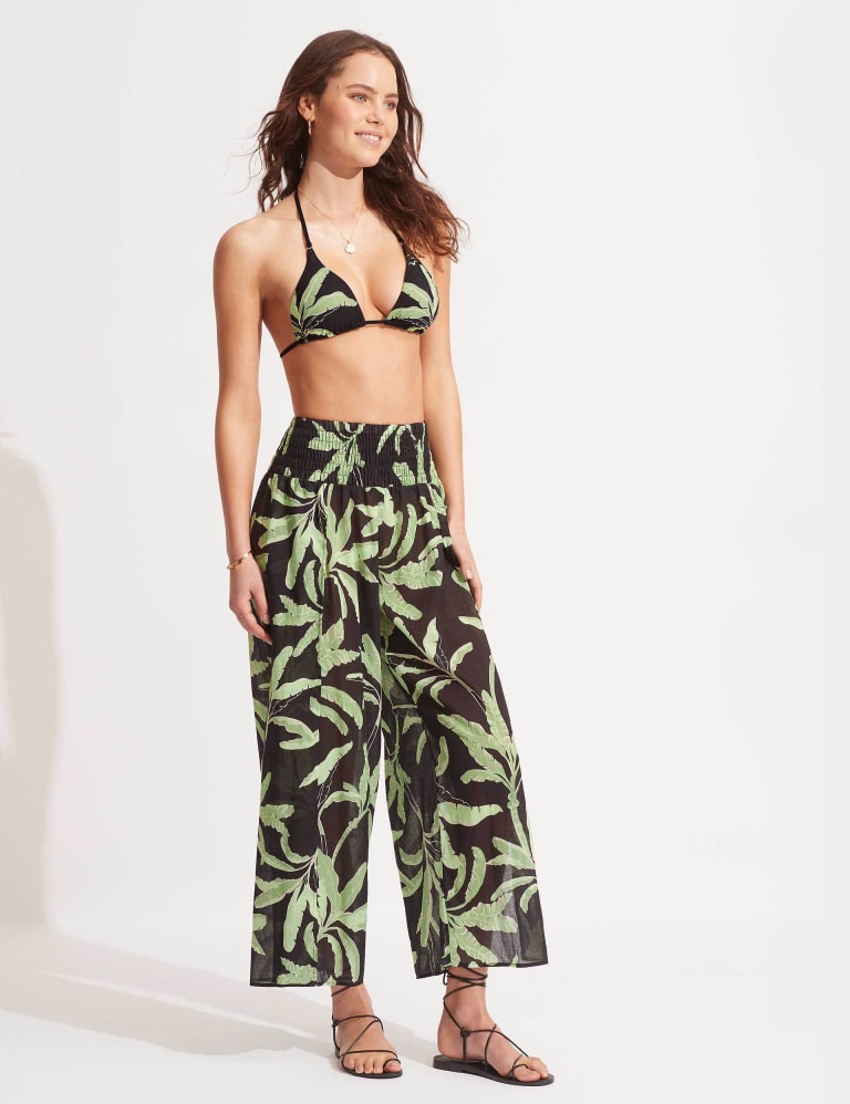 Palm Paradise Pure Cotton Leaf Print Wide Leg Trousers