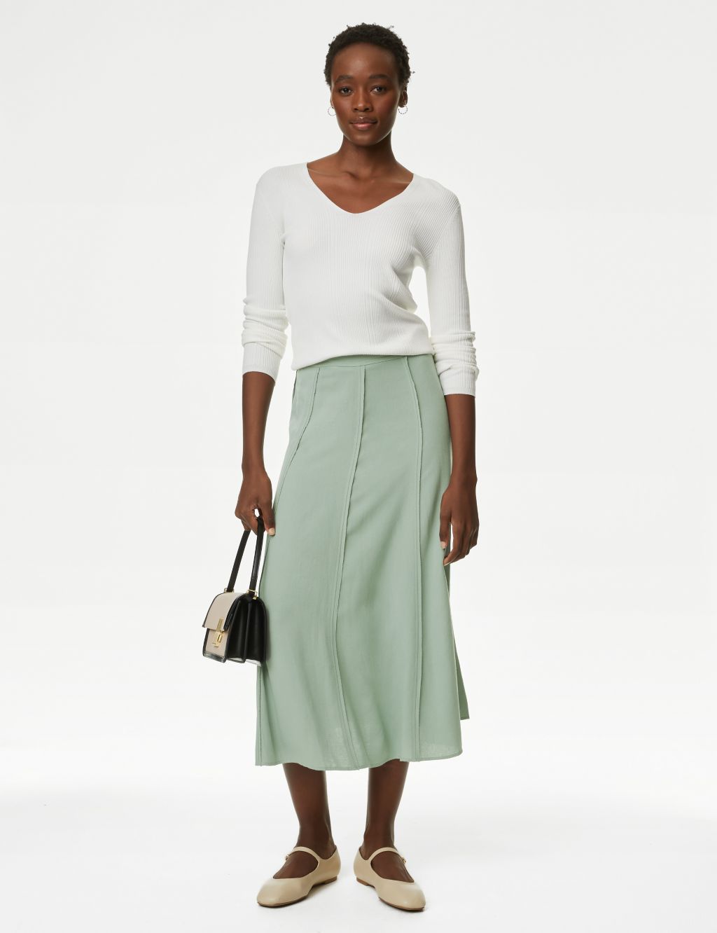 Panelled Midi A-Line Skirt with Linen 3 of 5