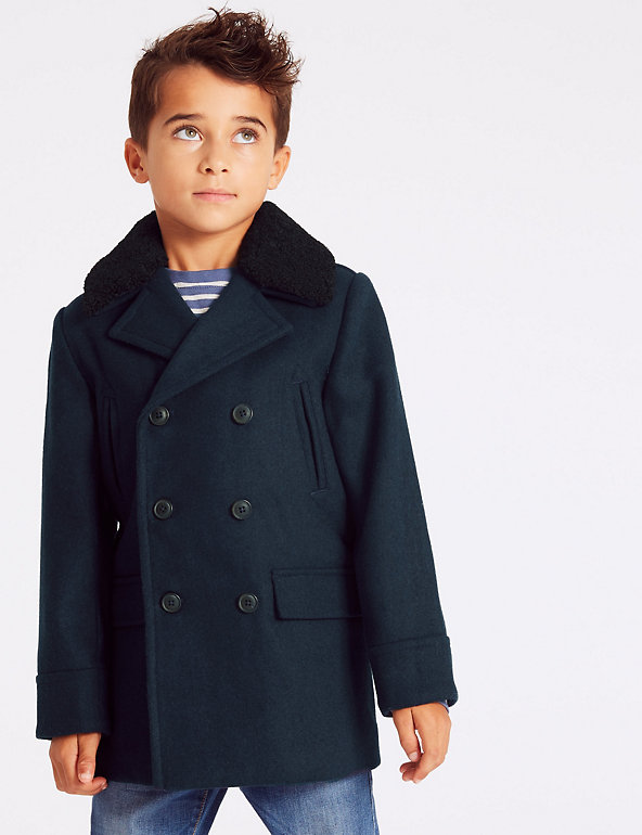 Boys jacket coat wool blend M & S pea coat navy 3-12 years formal warm collar 