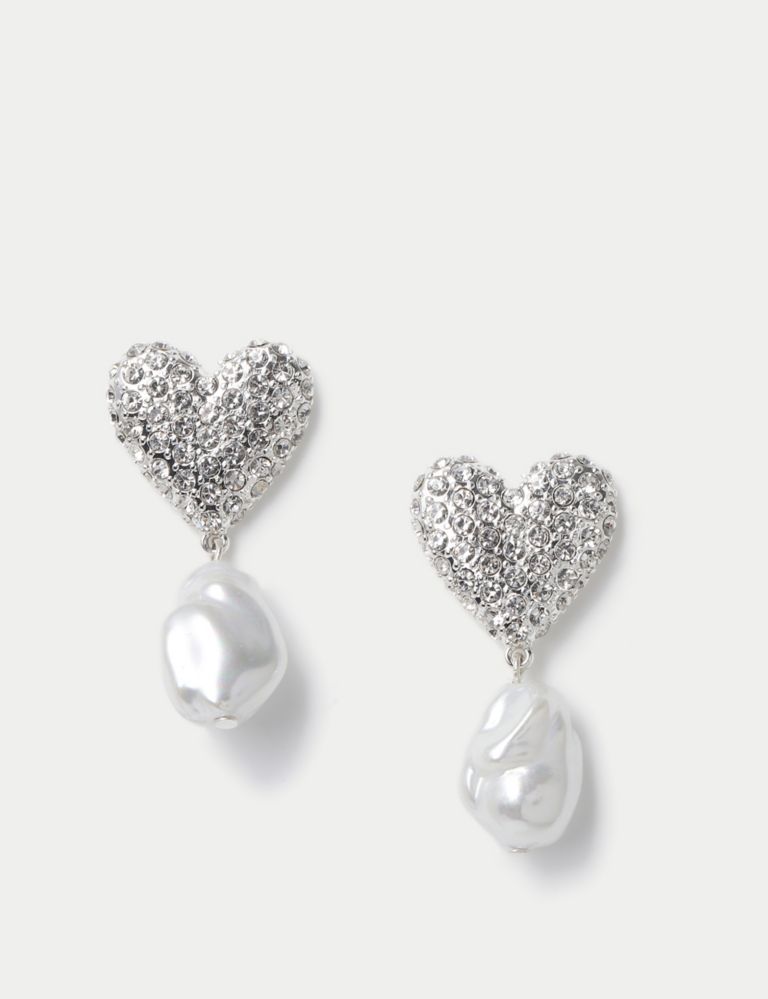 Pearl Diamante Heart Drop Earrings 2 of 2