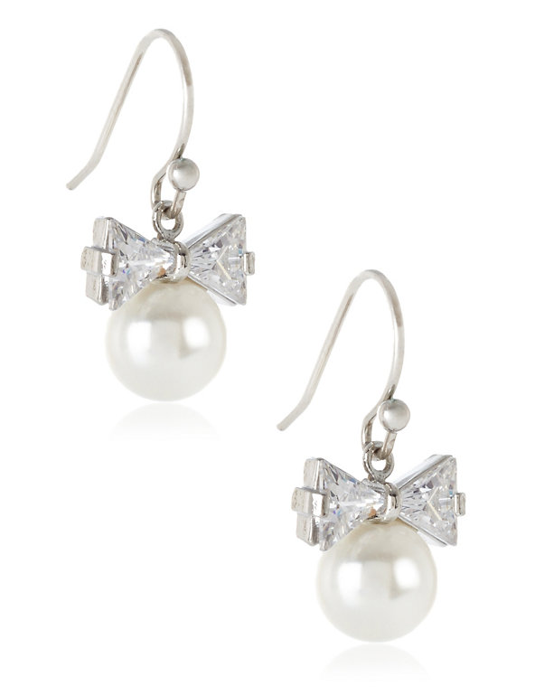 Pearl Effect Bow Diamanté Drop Earrings Image 1 of 1