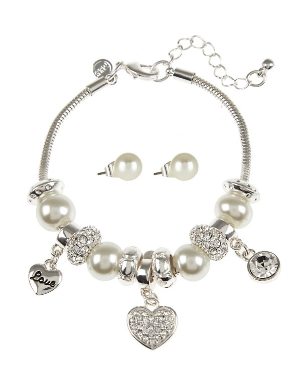 Pearl Effect Charm Bracelet & Earrings Set Image 1 of 1