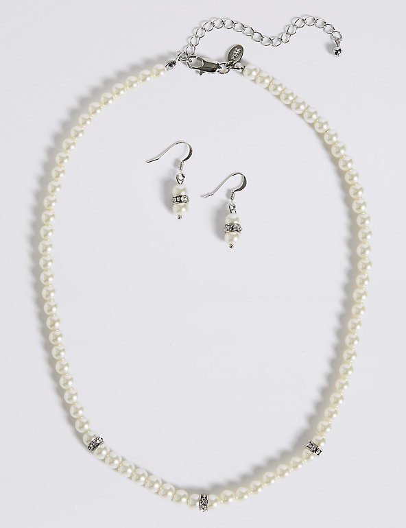 Pearl Effect Diamanté Ring Necklace & Earrings Set Image 1 of 2