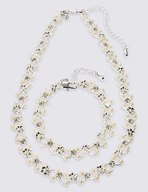 Pearl Effect Flower Choker Necklace & Bracelet Set Image 2 of 3