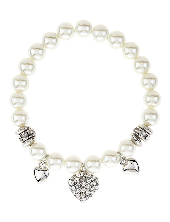 Pearl Effect Heart Charm Stretch Bracelet Image 1 of 1