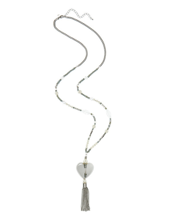 Pearl Effect Heart Charm Tassel Necklace Image 1 of 1
