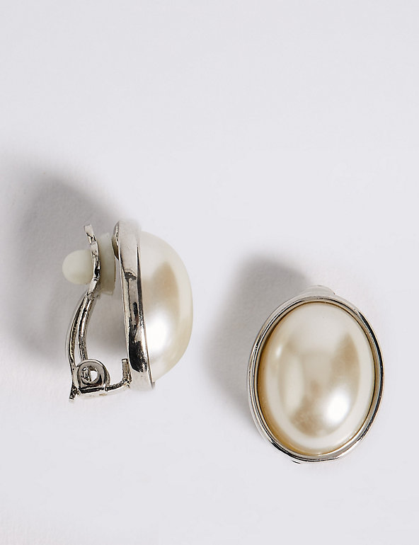Pearl Effect Oval Clip-On Earrings Image 1 of 2