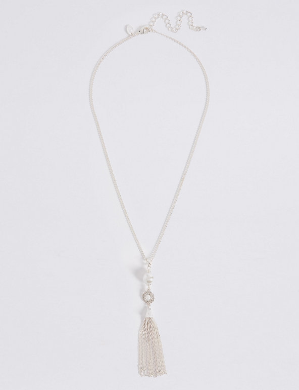 Pearl Effect Pave Disc Tassel Necklace Image 1 of 2