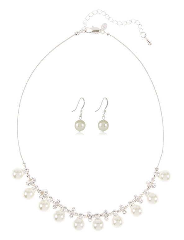 Pearl Effect Sparkle Cluster Necklace & Earrings Set Image 1 of 1