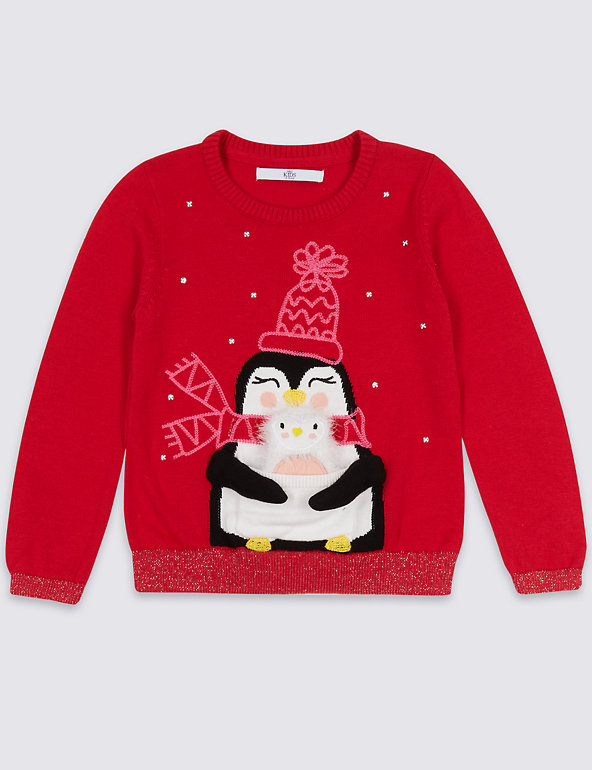 Age 9/10 SS7 Boys Christmas Jumper Penguin Red 