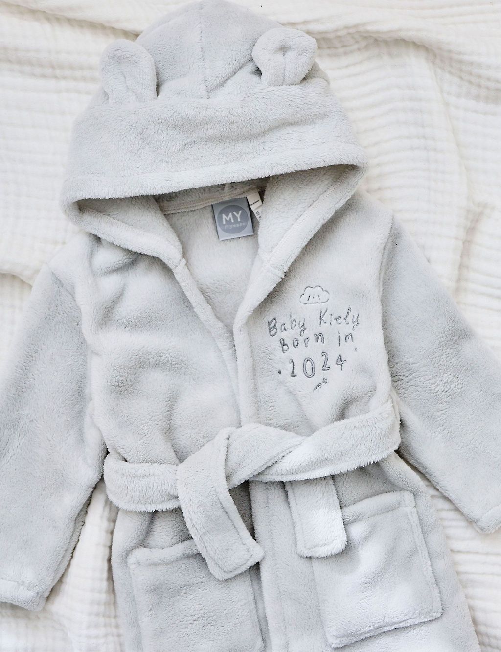 Personalised Born in 2024 Ivory Fleece Robe with Ears (0-12 Mths) 1 of 4