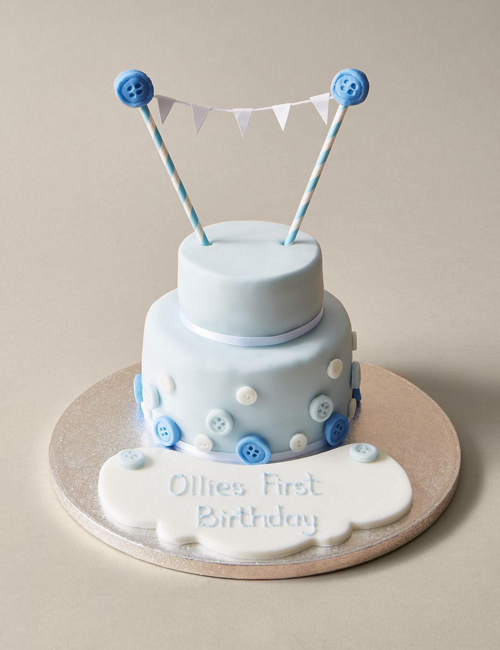 Personalised Button & Bunting Cake in Blue & White (Serves 20) 3 of 6