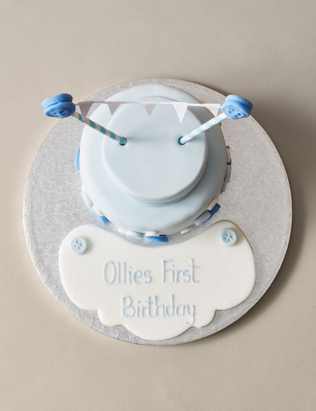 Personalised Button & Bunting Cake in Blue & White (Serves 20) 1 of 6