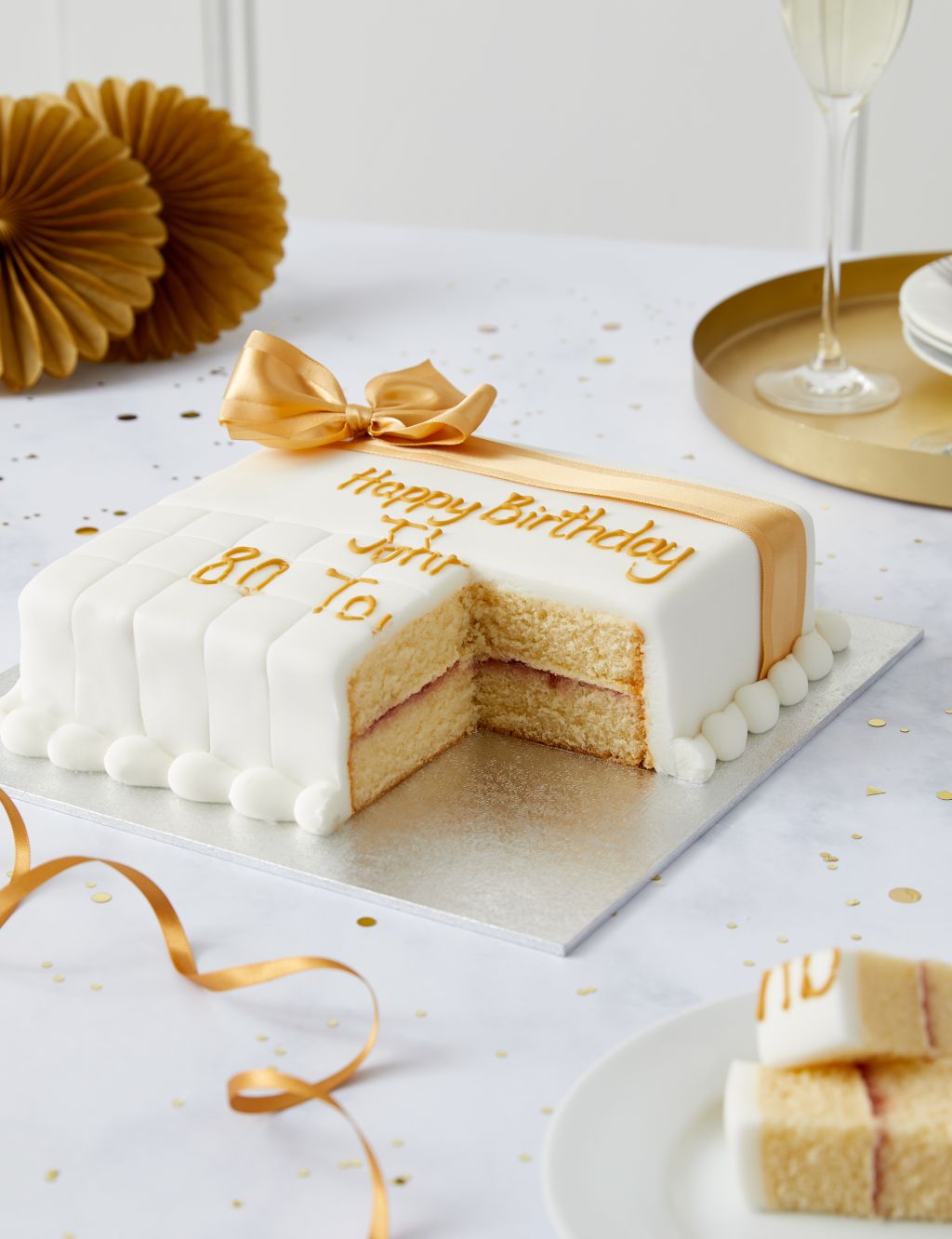 Personalised Celebration Sponge Cake with Gold Ribbon (Serves 30) 1 of 6