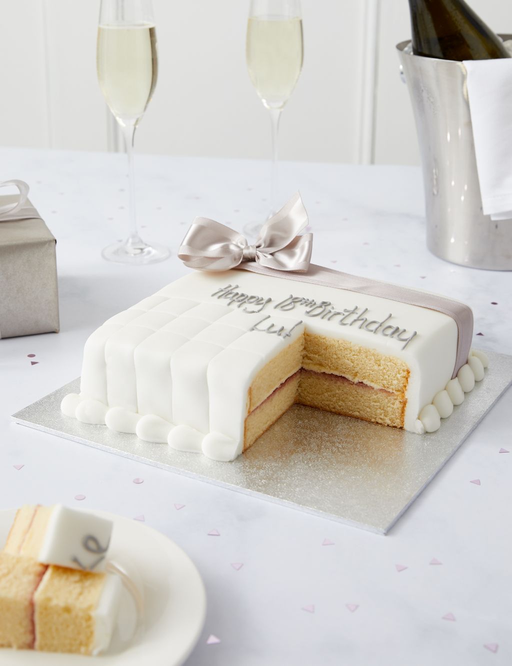 Personalised Celebration Sponge Cake with Silver Ribbon (Serves 30) 1 of 6
