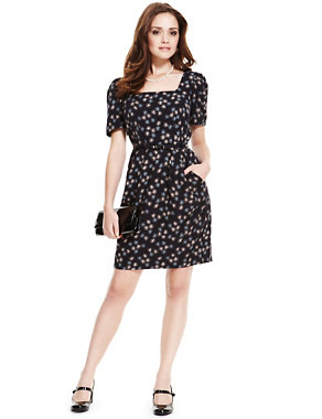 Petite Square Neck Spotted Shift Dress with Bow Belt Image 2 of 6