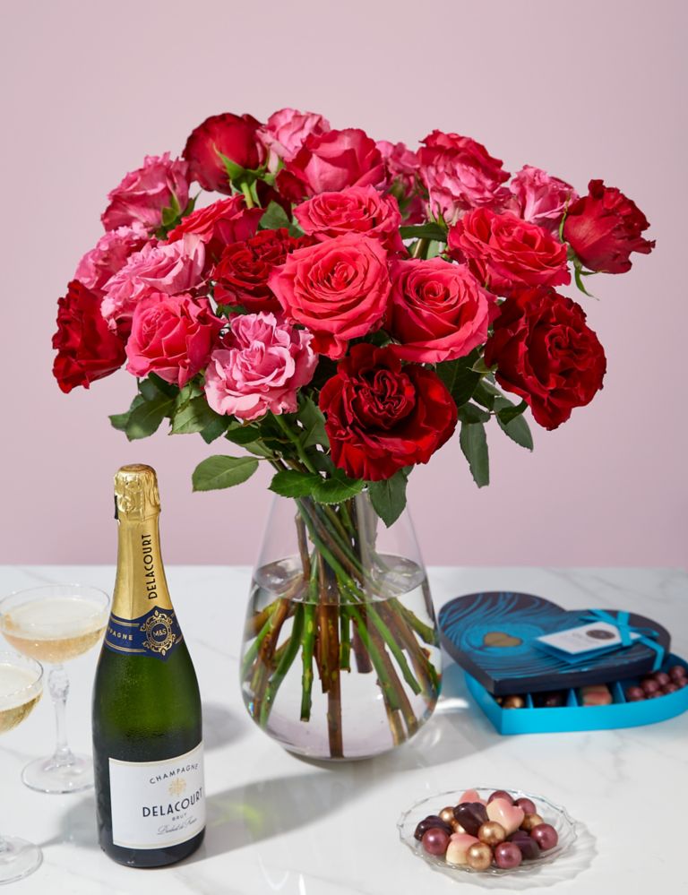 Pink & Red Rose Bouquet, Champagne & Chocolate Bundle 1 of 6