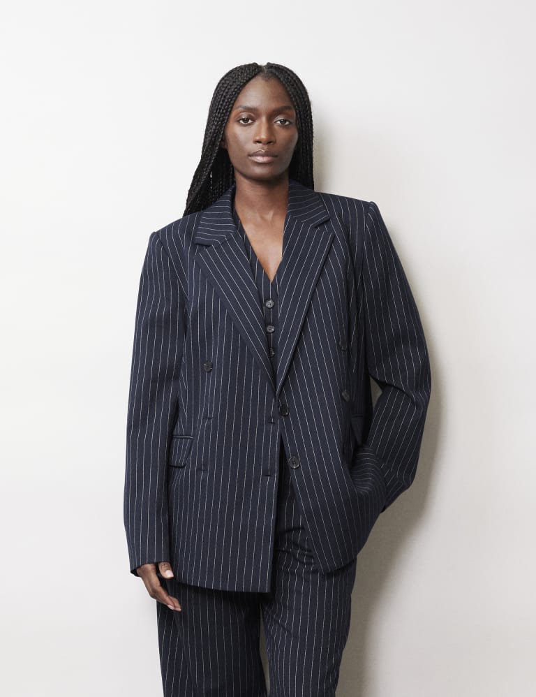 Blue pinstripe blazer hot sale