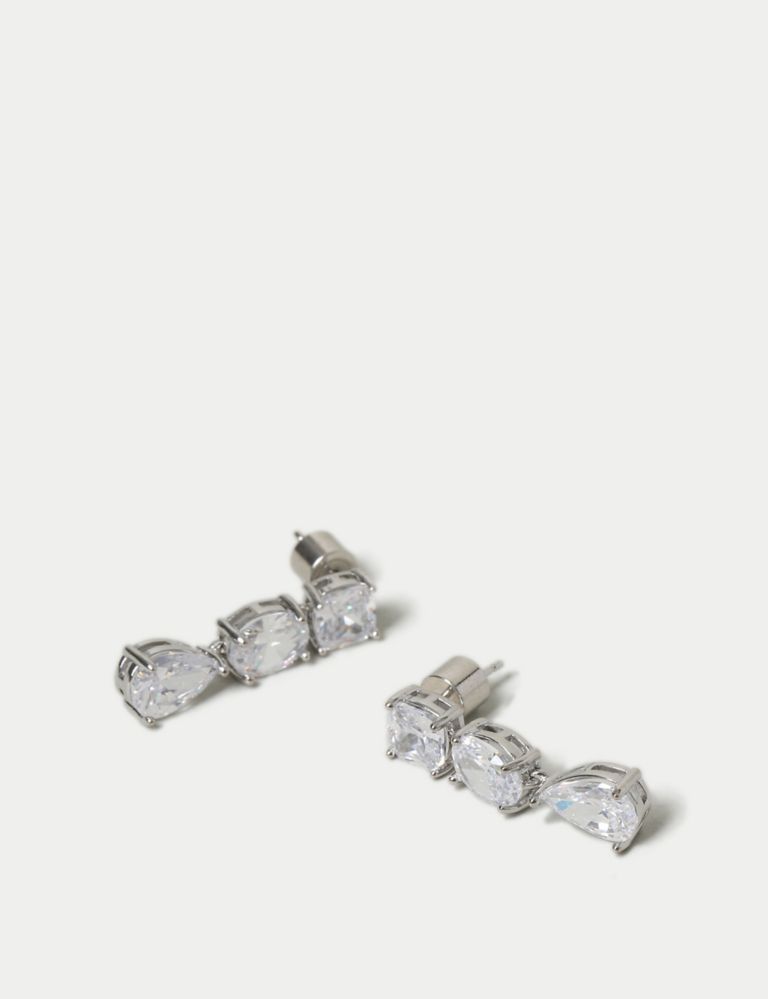 Platinum Plated  Cubic Zirconia Tripple Drop Earrings 2 of 2