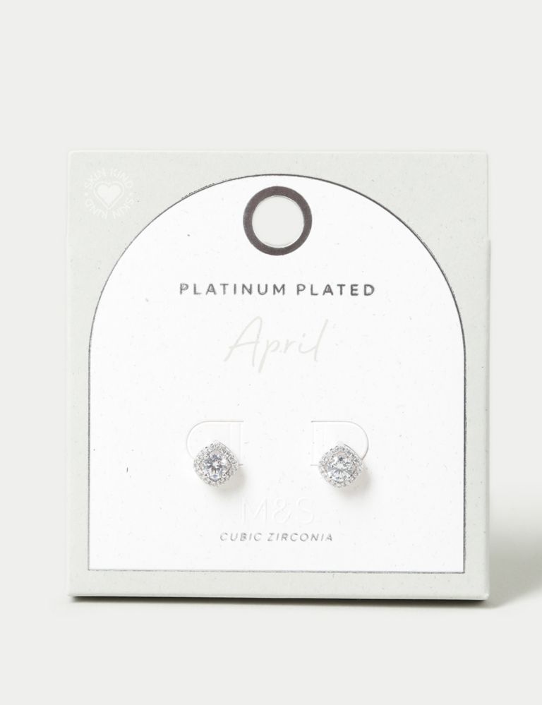 Platinum Plated Cubic Zirconia April Birthstone Stud Earring 1 of 3