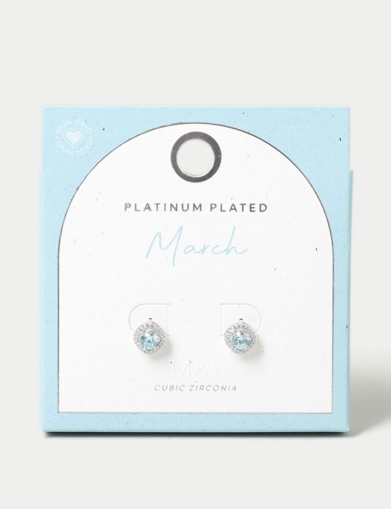 Platinum Plated Cubic Zirconia March Birthstone Stud Earring 1 of 3
