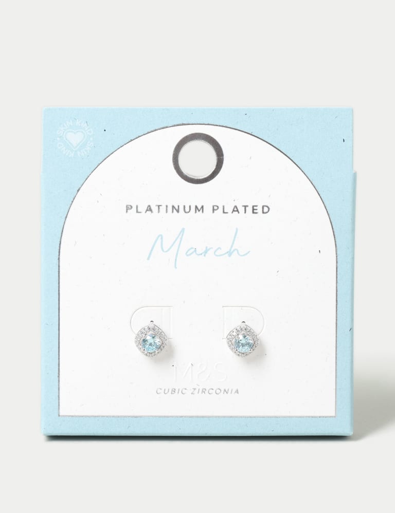 Platinum Plated Cubic Zirconia March Birthstone Stud Earring 1 of 3