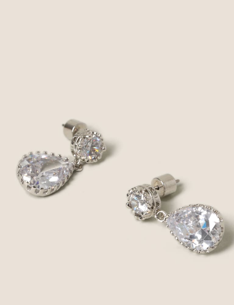 Platinum Plated Cubic Zirconia Pear Drop Earrings