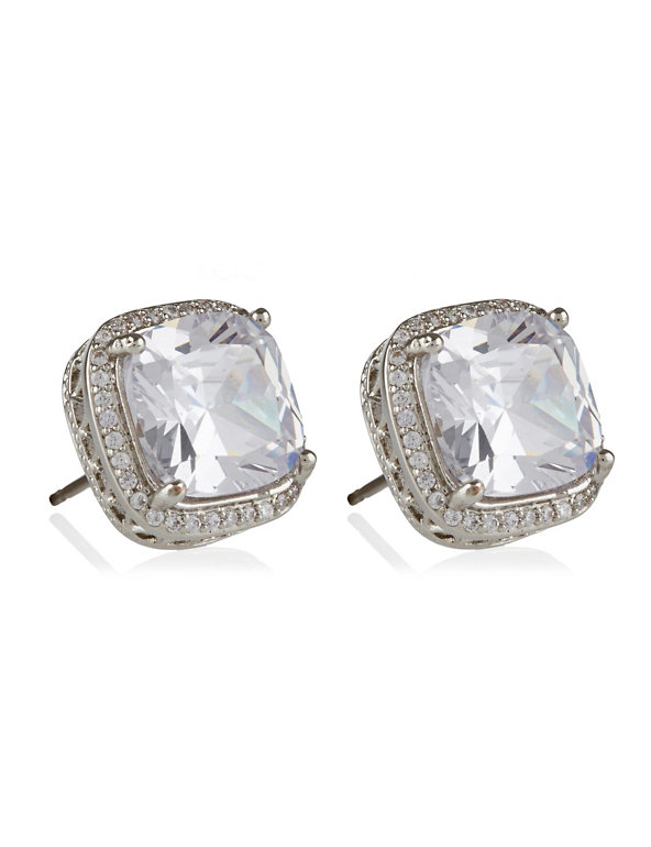 Platinum Plated Diamanté Square Pavé Stud Earrings Image 1 of 1