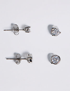 Platinum Plated Diamanté Stud Earrings Set Image 2 of 4