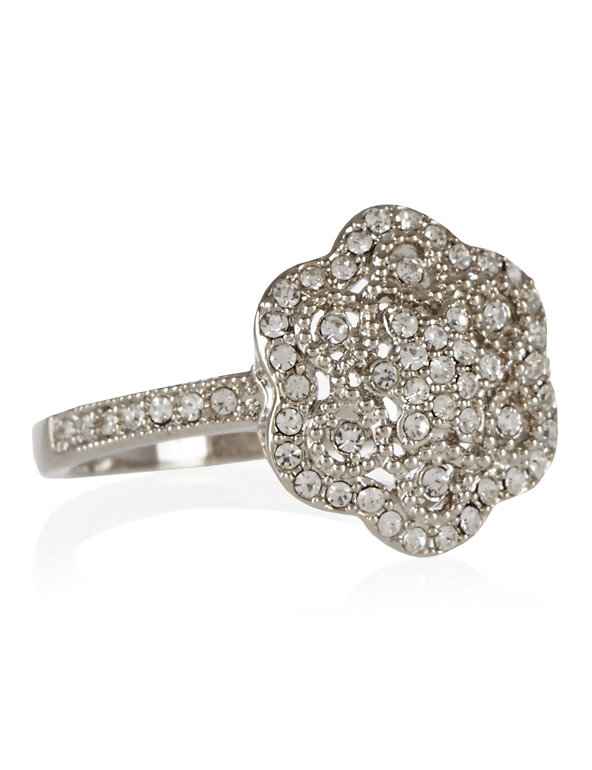 Platinum Plated Vintage Style Diamanté Floral Ring Image 1 of 1