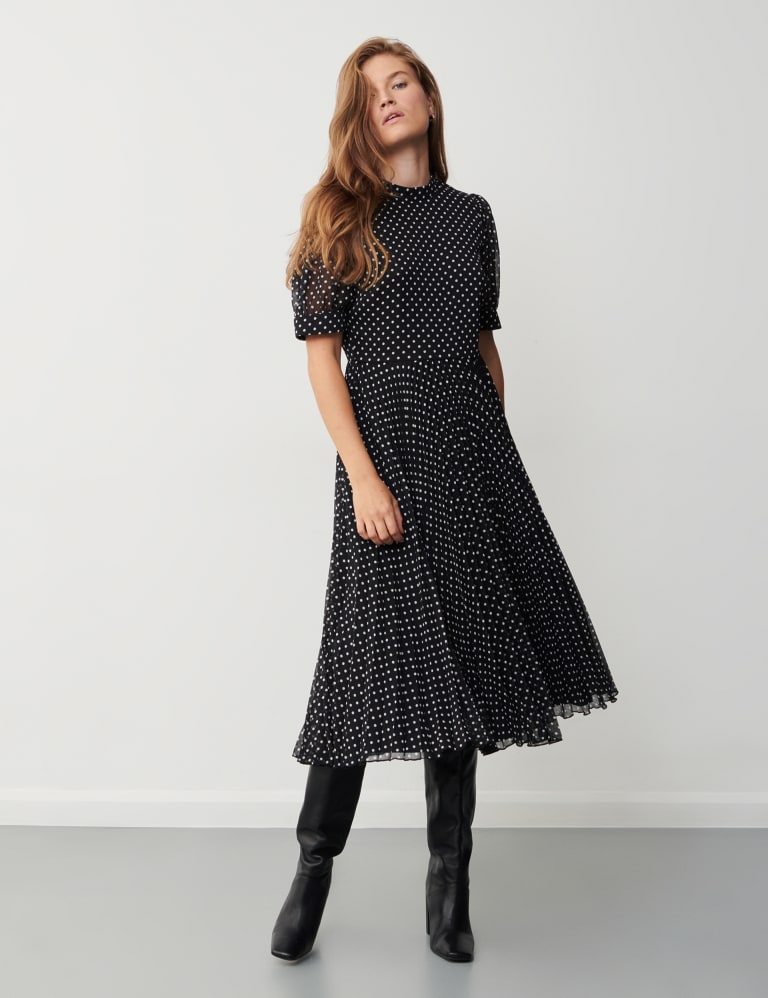 Chocolate polka dot one shoulder top ruffle detail pleated midi dress