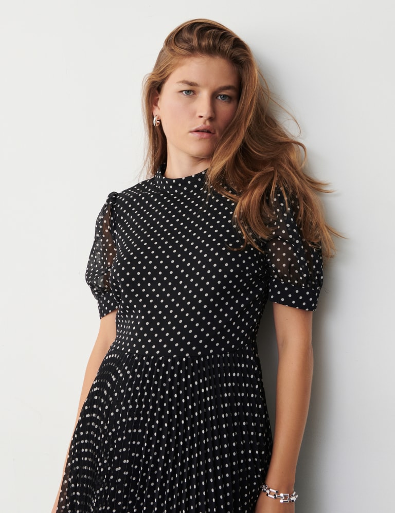 Chocolate polka dot one shoulder ruffle detail pleated midi dress 2025