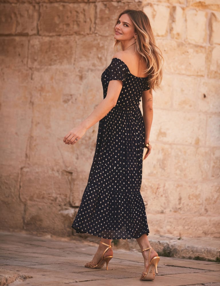 Polka Dot Bardot Ruched Midi Skater Dress