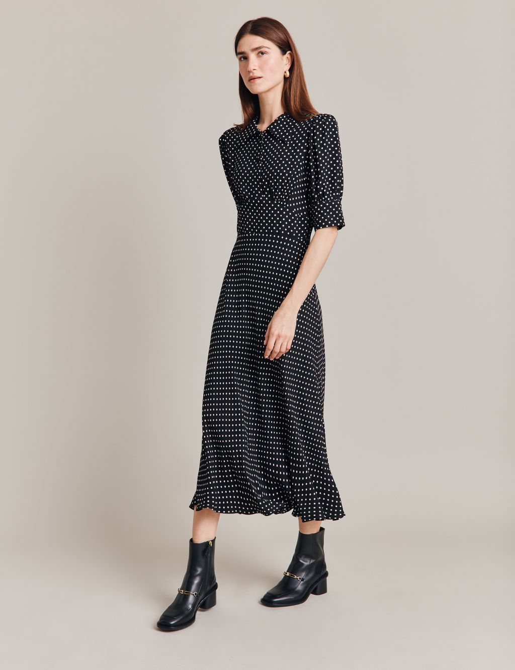 Polka Dot Button Front Midi Waisted Dress 3 of 4