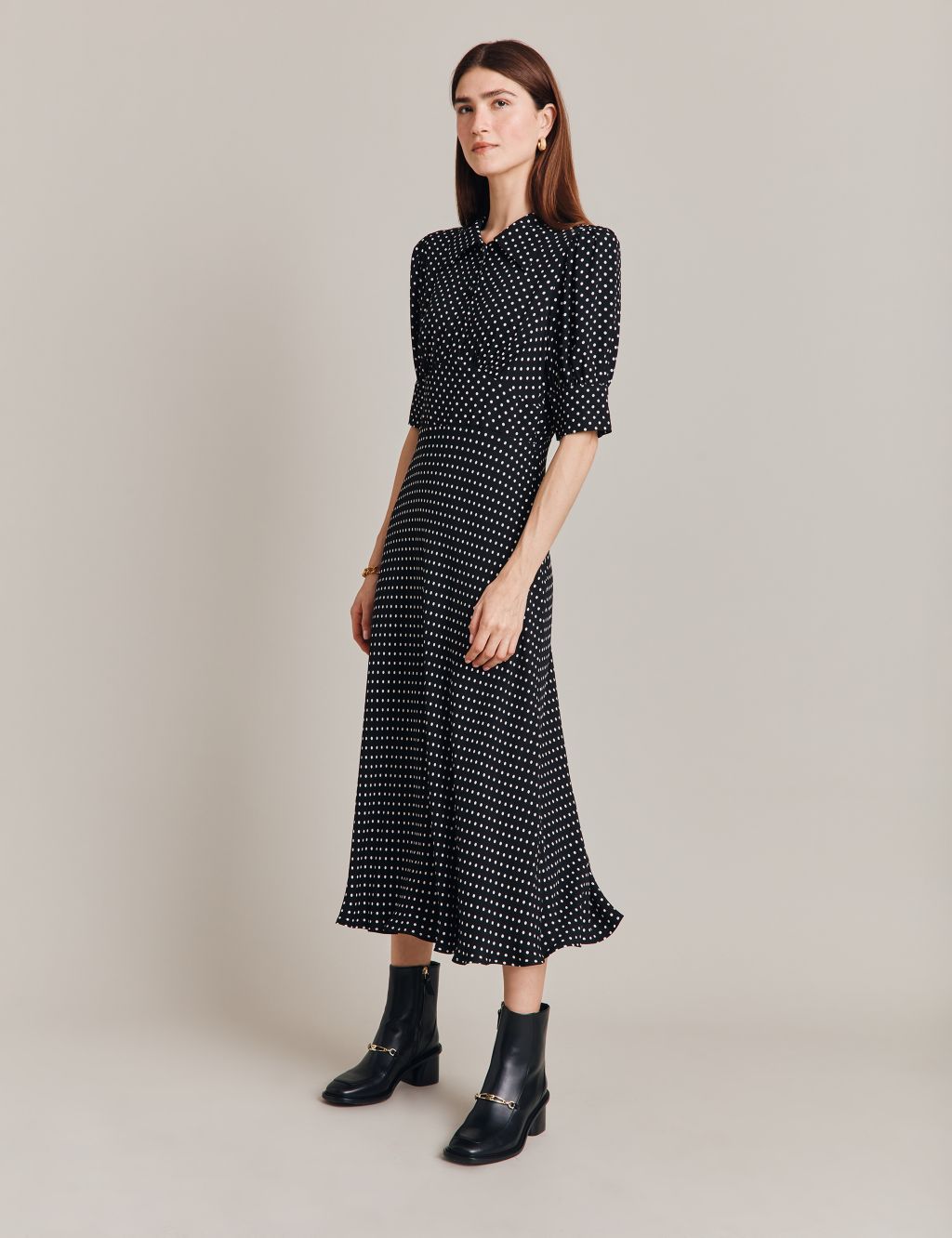 Polka Dot Button Front Midi Waisted Dress 1 of 4