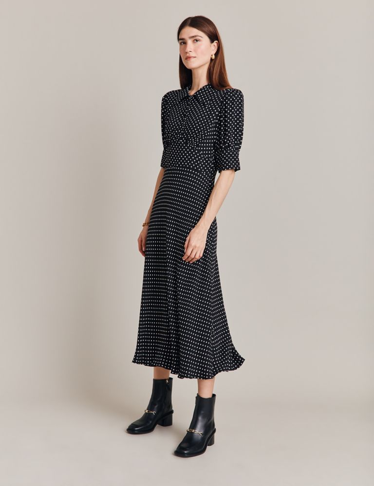 Polka Dot Button Front Midi Waisted Dress 2 of 4
