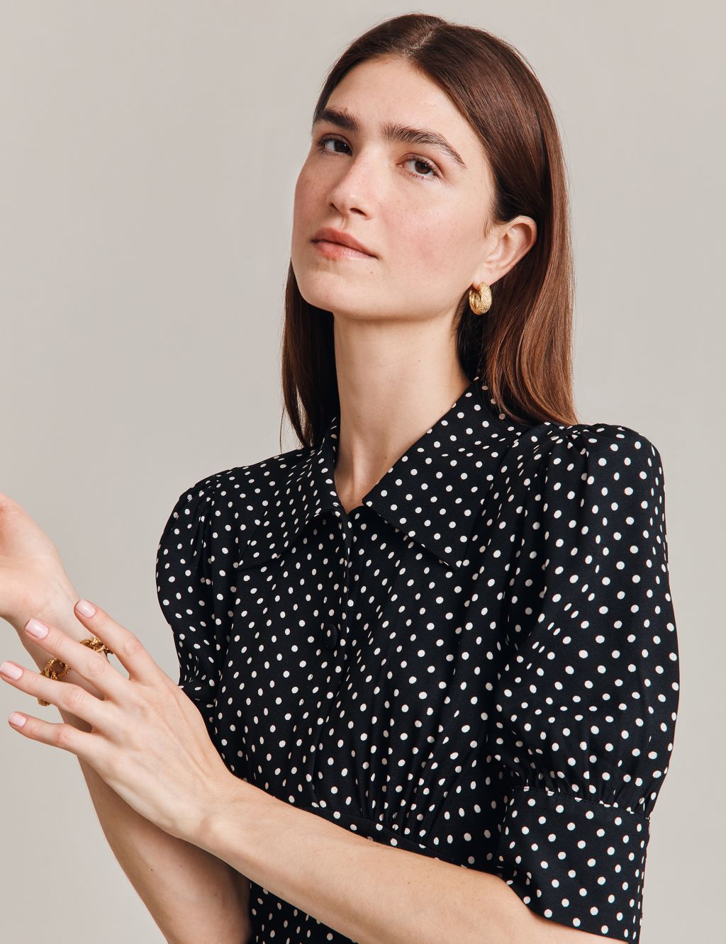 Polka Dot Button Front Midi Waisted Dress 2 of 4