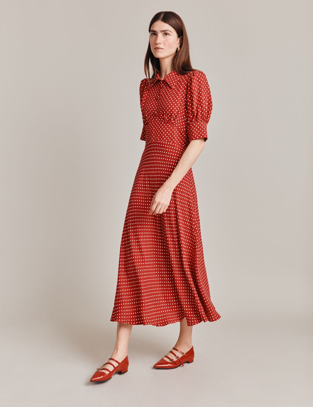 Polka Dot Button Front Midi Waisted Dress 3 of 5