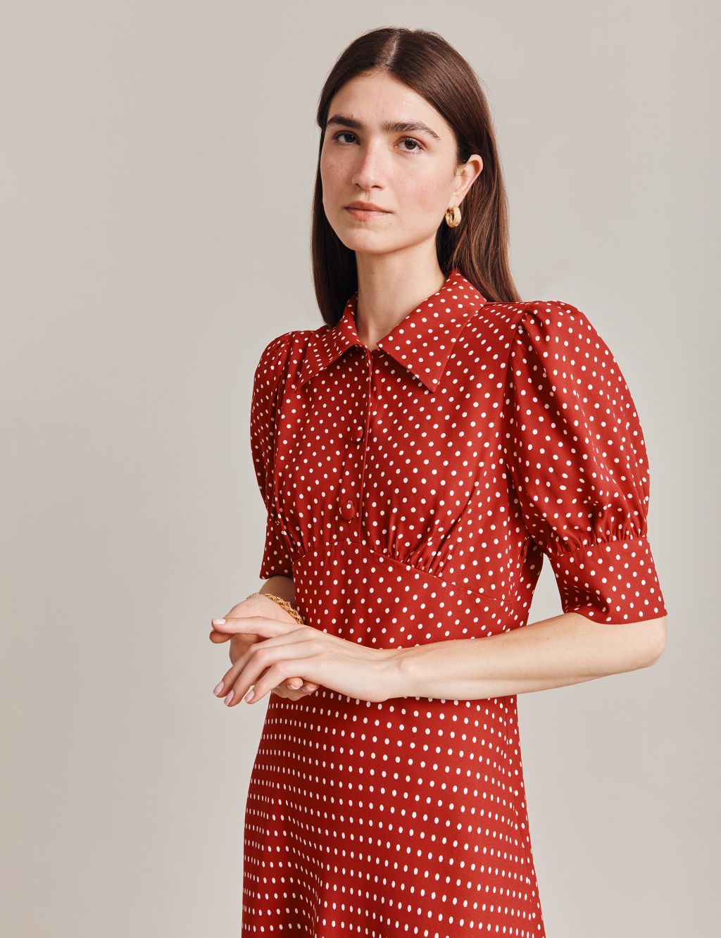 Polka Dot Button Front Midi Waisted Dress 2 of 5