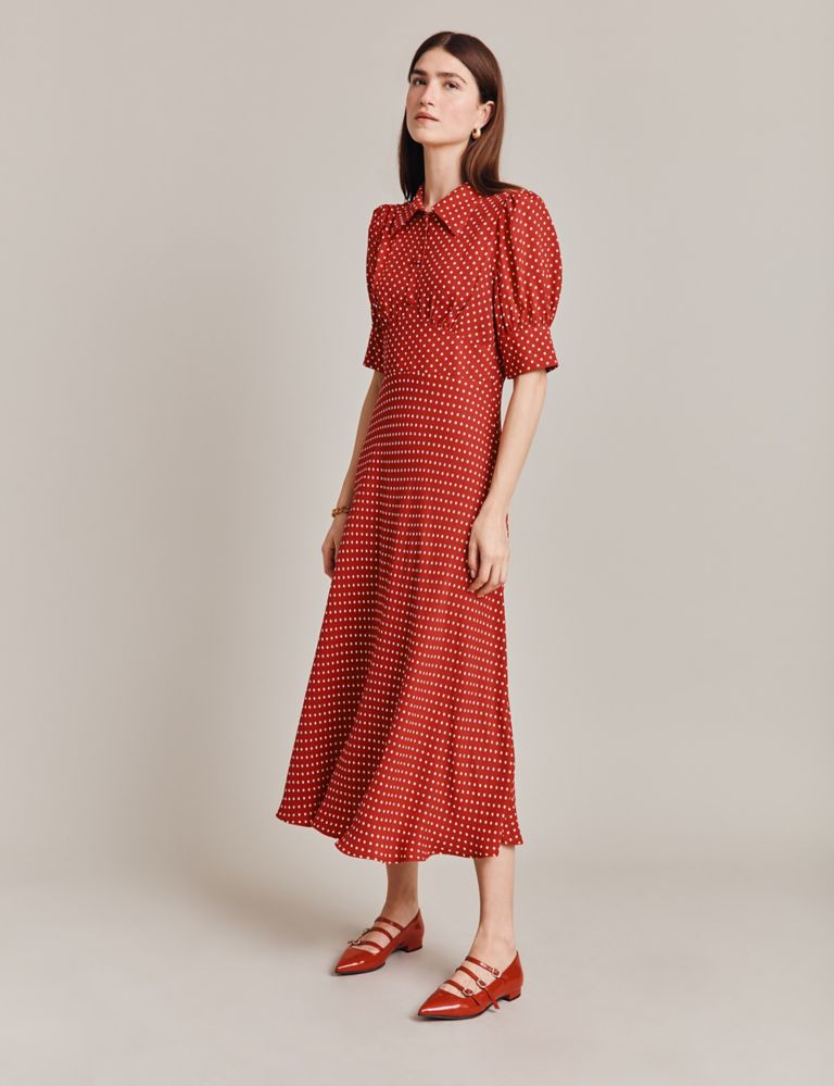 Polka Dot Button Front Midi Waisted Dress 4 of 5