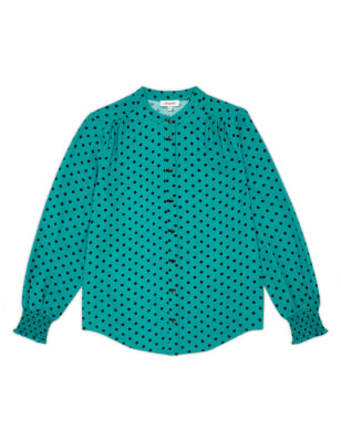 Polka Dot Collarless Long Sleeve Shirt Image 2 of 4
