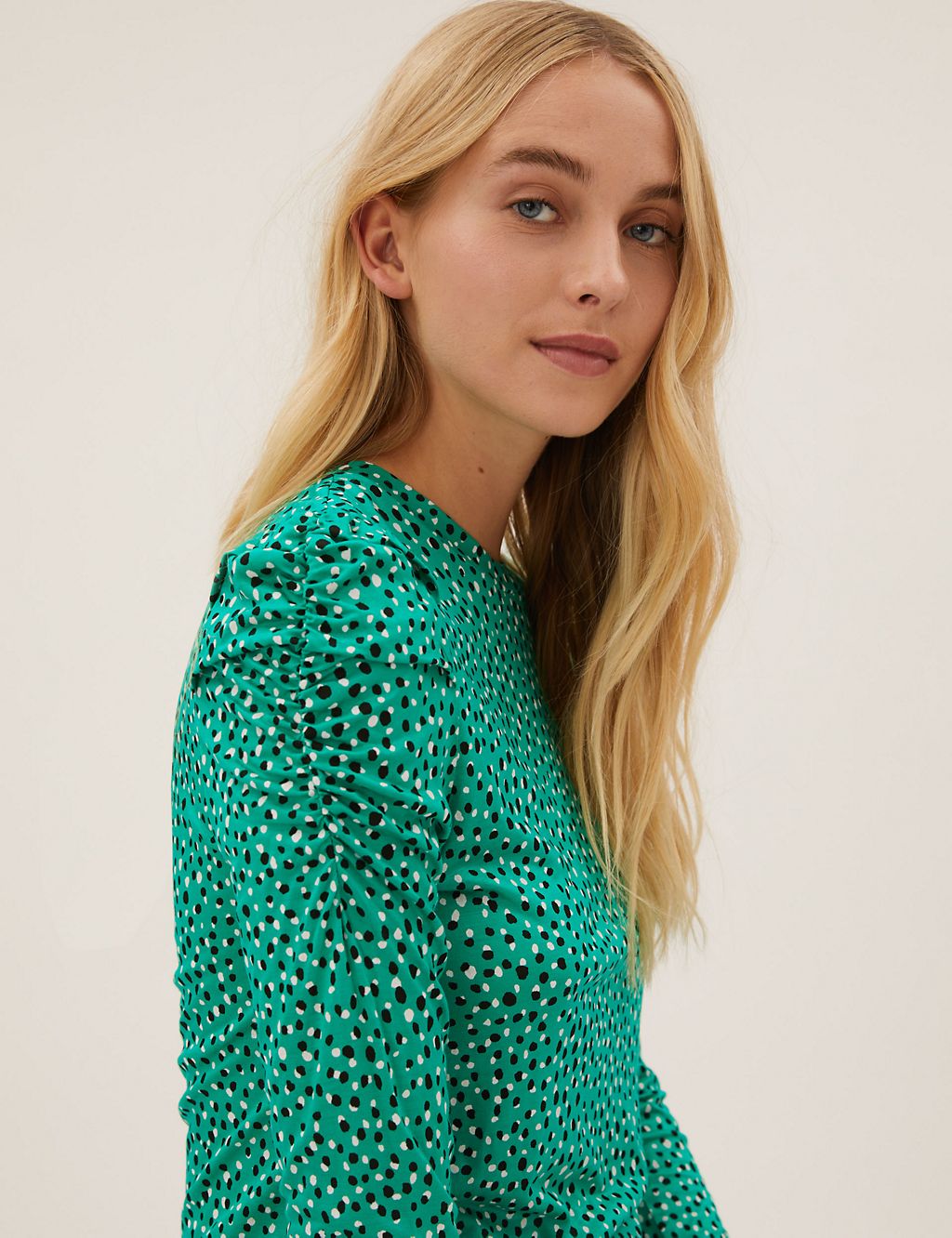 Polka Dot Crew Neck Fitted Puff Sleeve Top 2 of 5