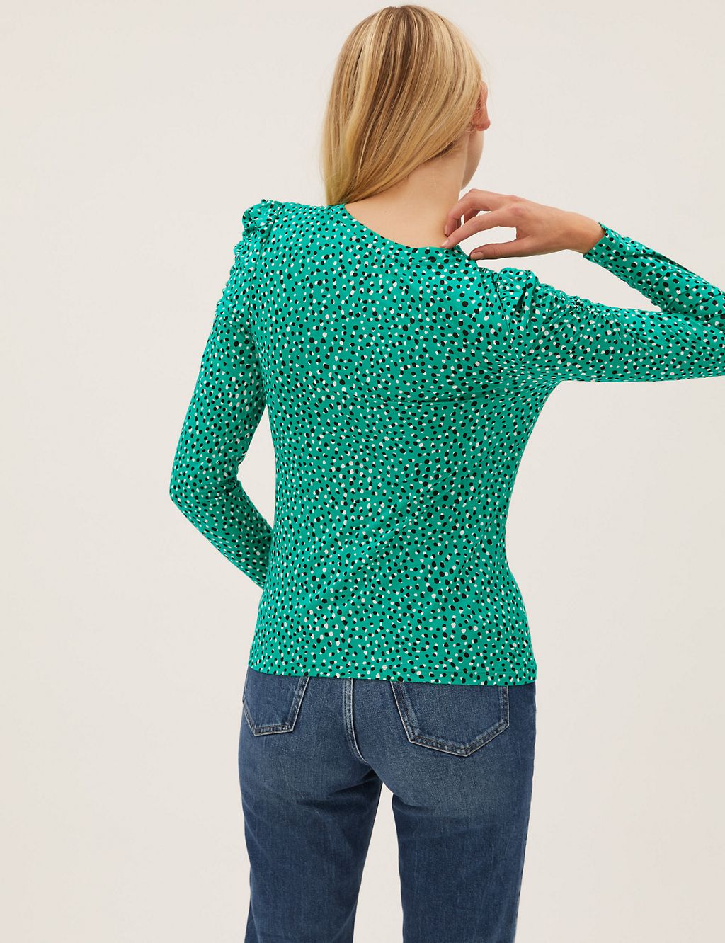 Polka Dot Crew Neck Fitted Puff Sleeve Top 4 of 5