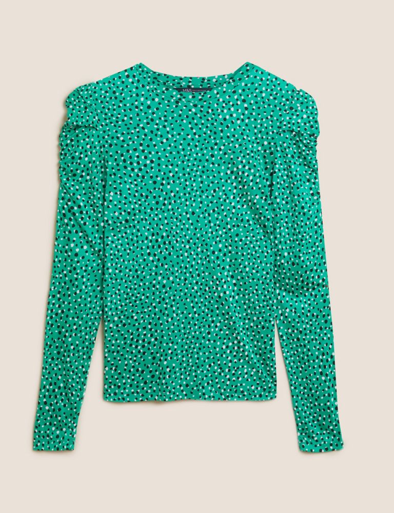 Polka Dot Crew Neck Fitted Puff Sleeve Top 2 of 5