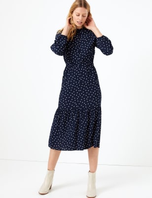 Polka Dot High Neck Midi Waisted Dress M S Collection M S