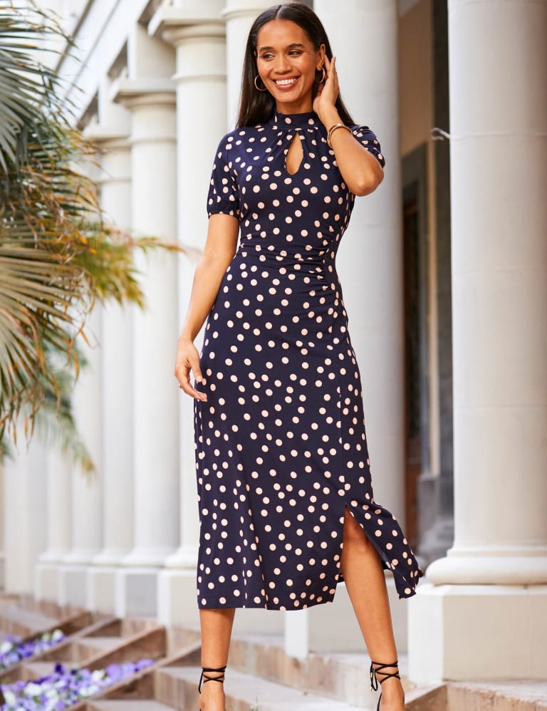 Polka Dot High Neck Midi Waisted Dress | SOSANDAR | M&S