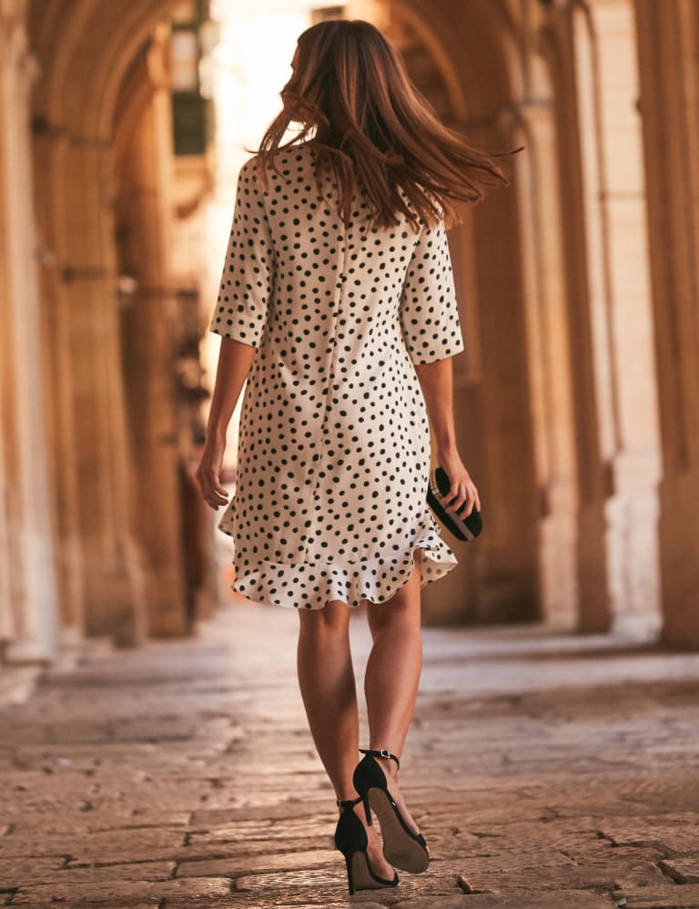 Black Polka Dot Crew neck Unlined Modest Dress